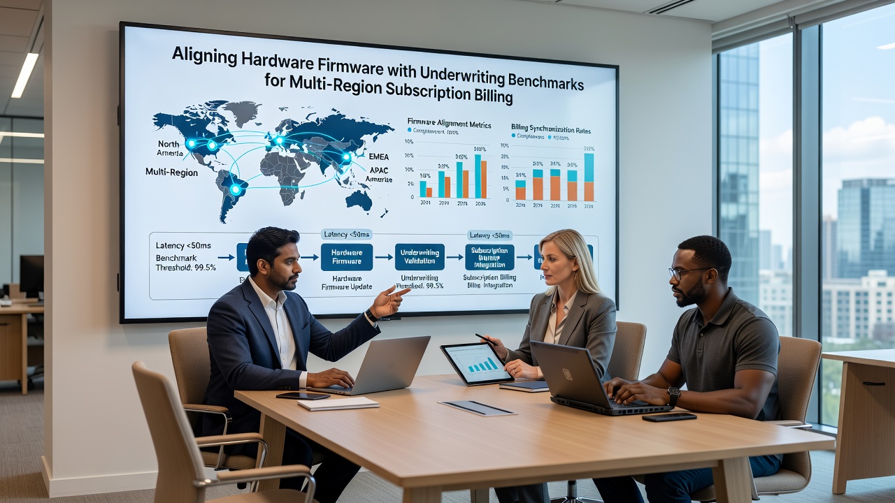 Firmware update workflow integrated with underwriting benchmarks across global subscription platforms