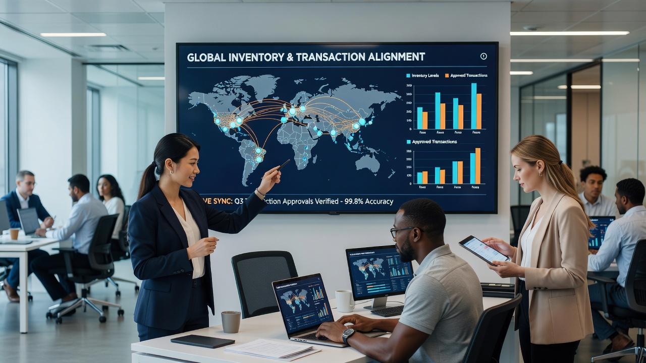 Detailed view of synchronized inventory dashboards displaying live transaction approvals and stock levels across continents