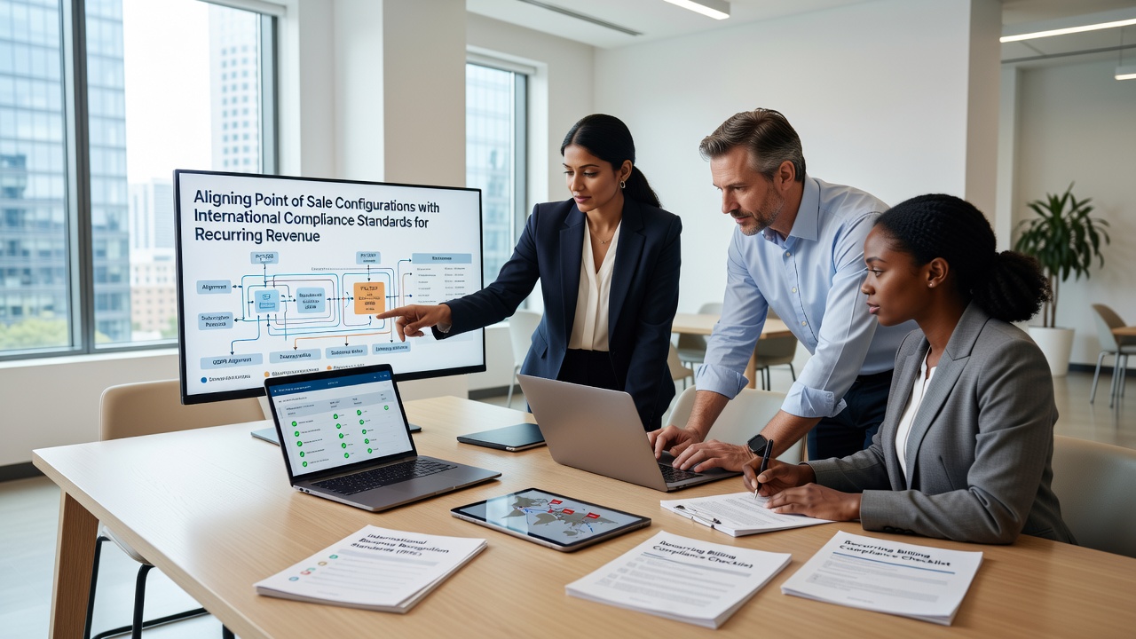Secure point of sale configuration interface displaying compliance settings for recurring billing across regions