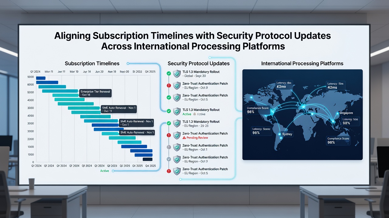 Global teams reviewing synchronized subscription and security timelines on shared dashboards