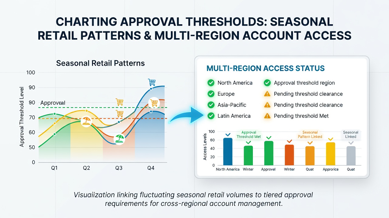 Diagram illustrating multi-region account access controls tied to seasonal retail approval thresholds