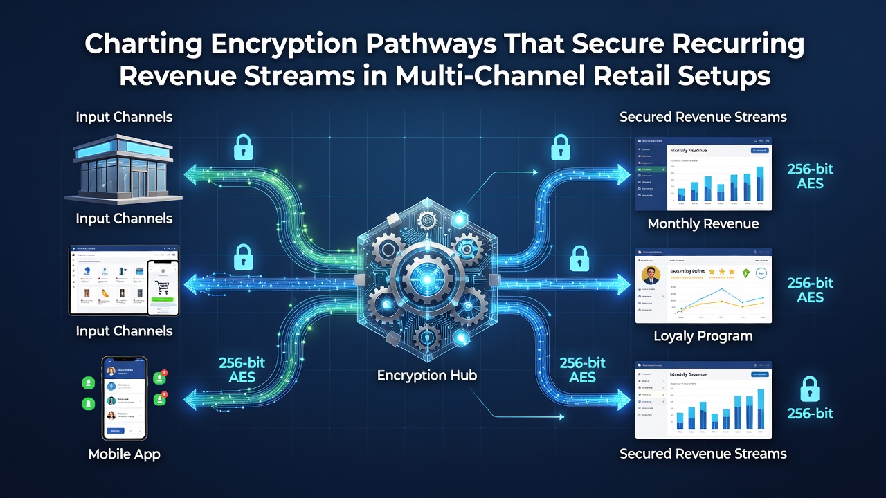 Encryption pathways diagram showing secure data flows in multi-channel retail environments