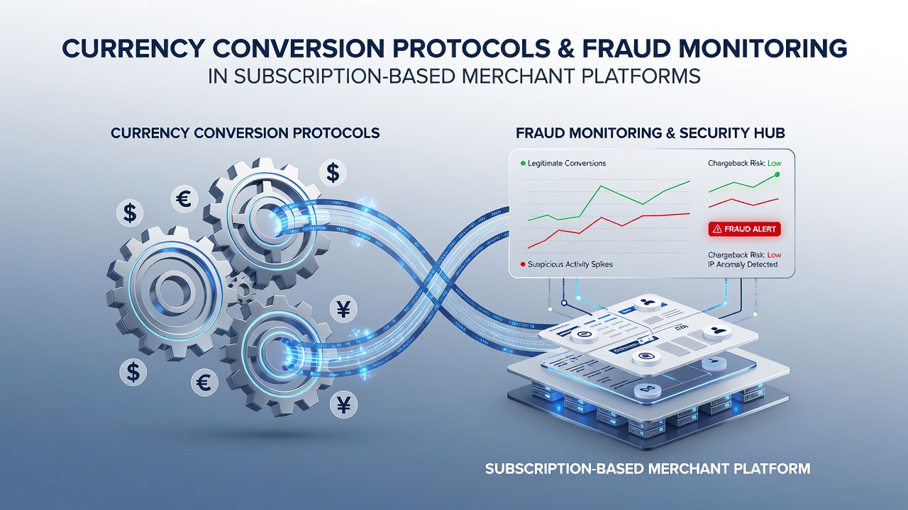 Currency conversion interface displaying real-time exchange rates alongside fraud detection alerts on a subscription merchant dashboard