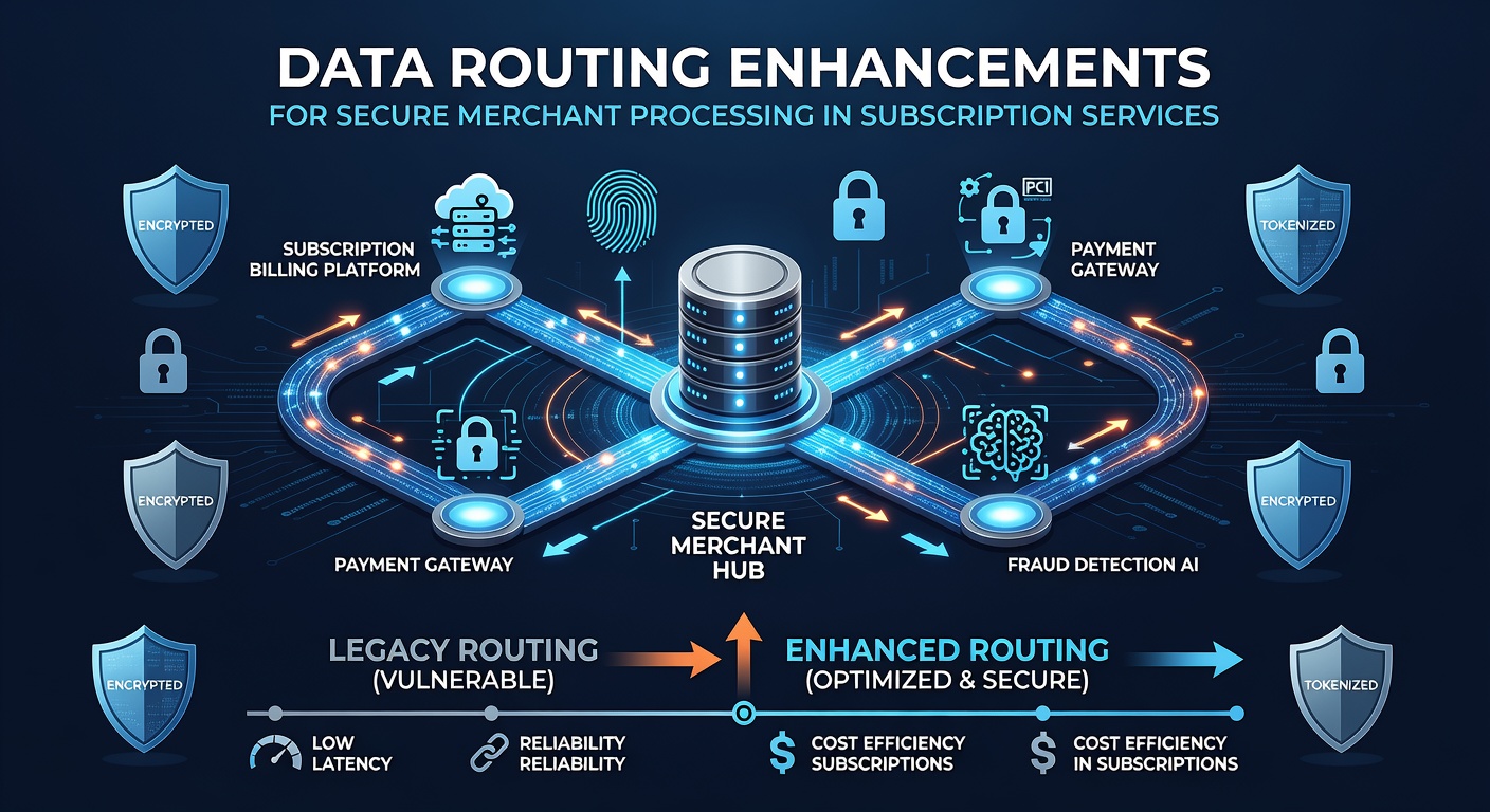 Illustration of secure data pathways in subscription payment networks with encrypted routing nodes