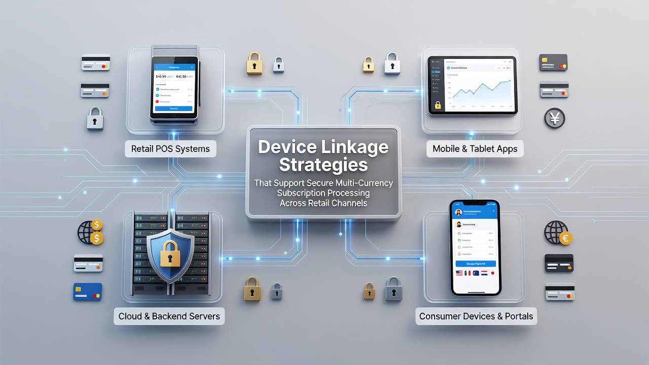 Retail devices connected through secure linkage protocols for multi-currency subscription handling
