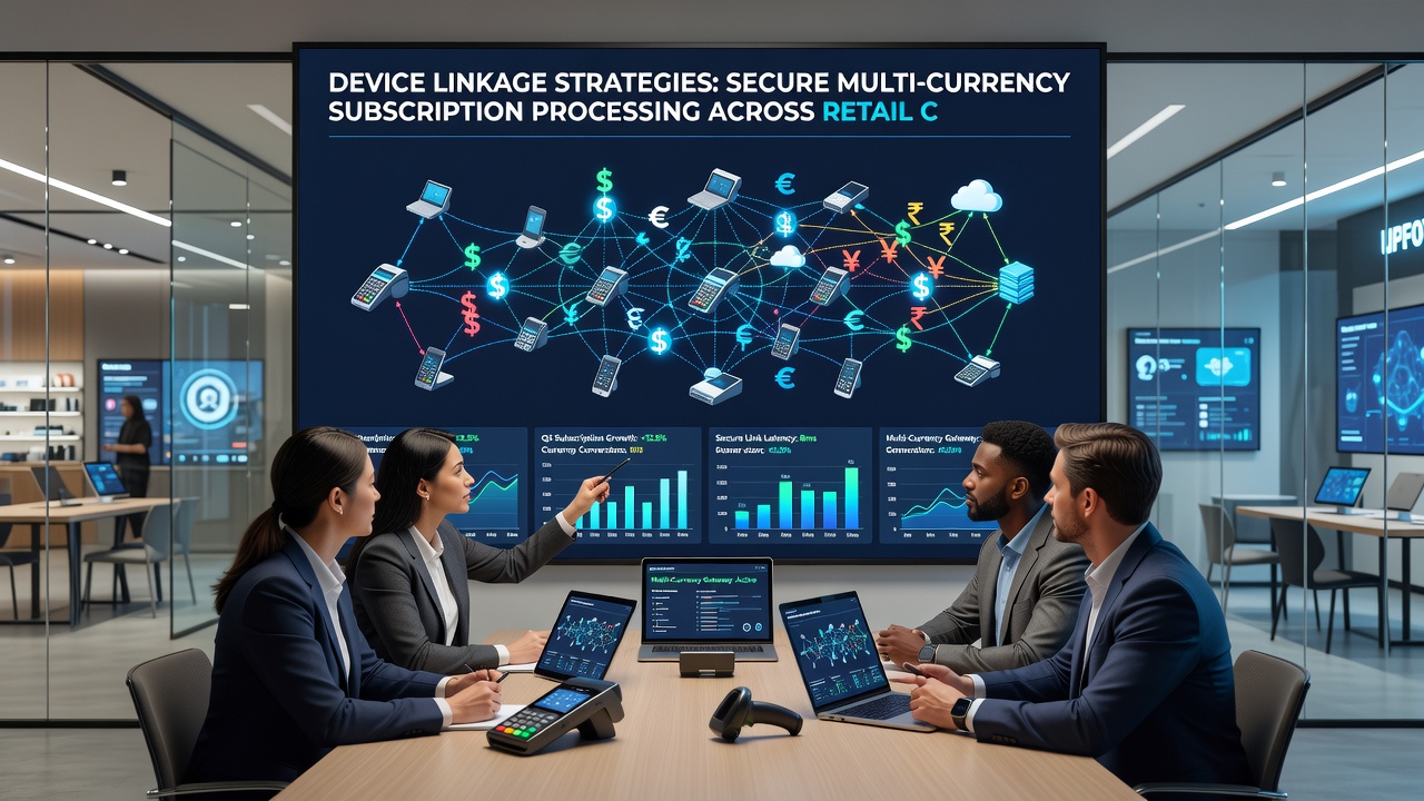 Network diagram showing secure device connections across retail channels for subscription payments