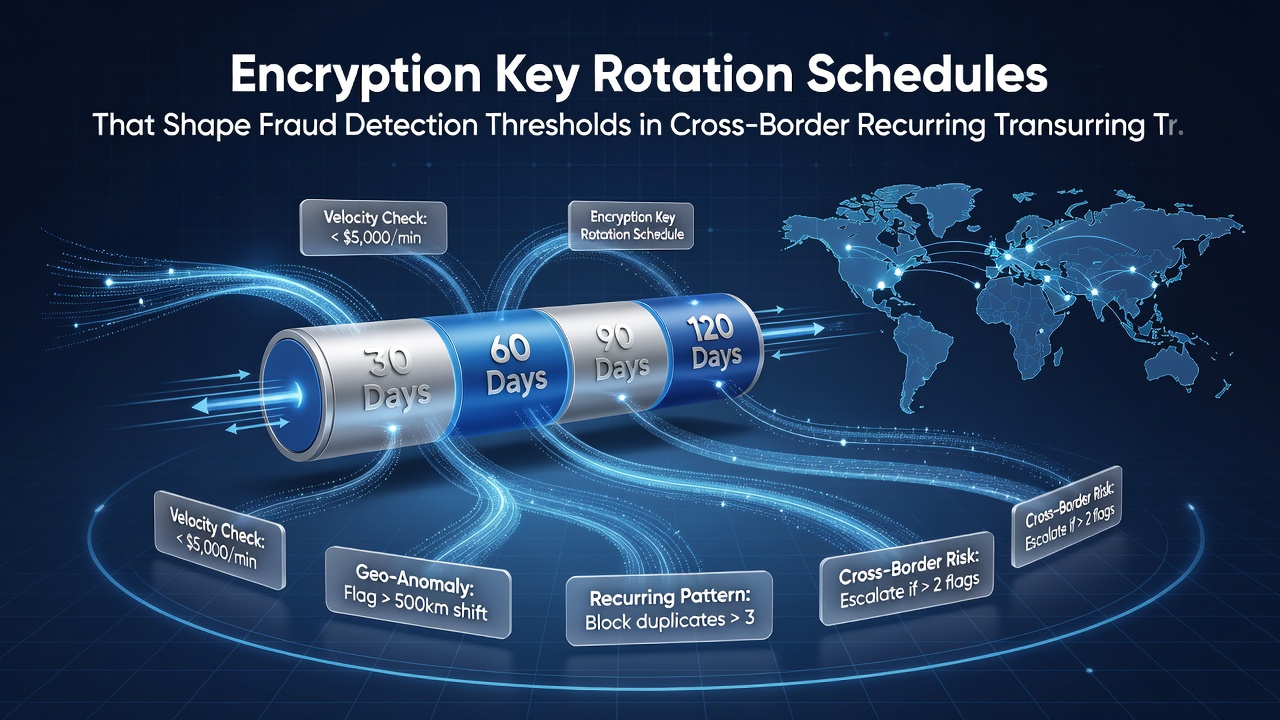 Flowchart showing how encryption key rotation schedules connect to real-time fraud threshold adjustments in international recurring payment systems