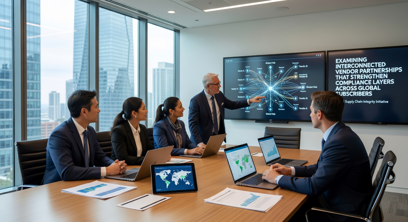 Vendor teams reviewing integrated compliance dashboards for international subscriptions