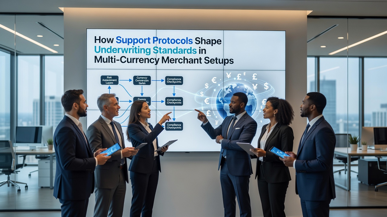 Support teams reviewing multi-currency transaction logs that feed into underwriting models for global merchant accounts