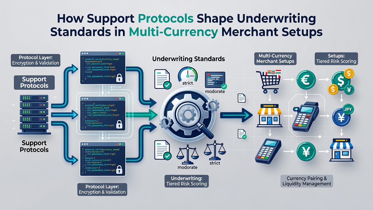 Underwriting dashboard displaying support protocol outputs used to adjust risk parameters for merchants accepting multiple currencies