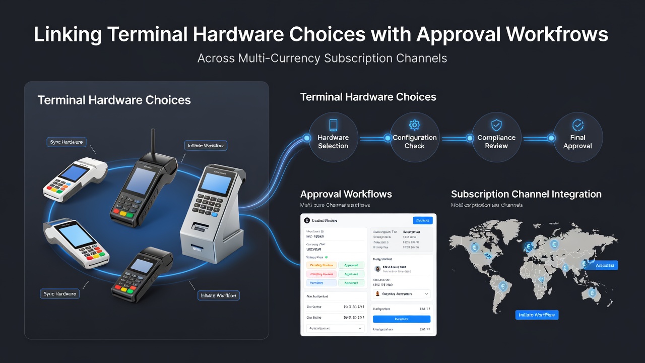 Workflow diagram showing terminal connections to multi-currency approval processes