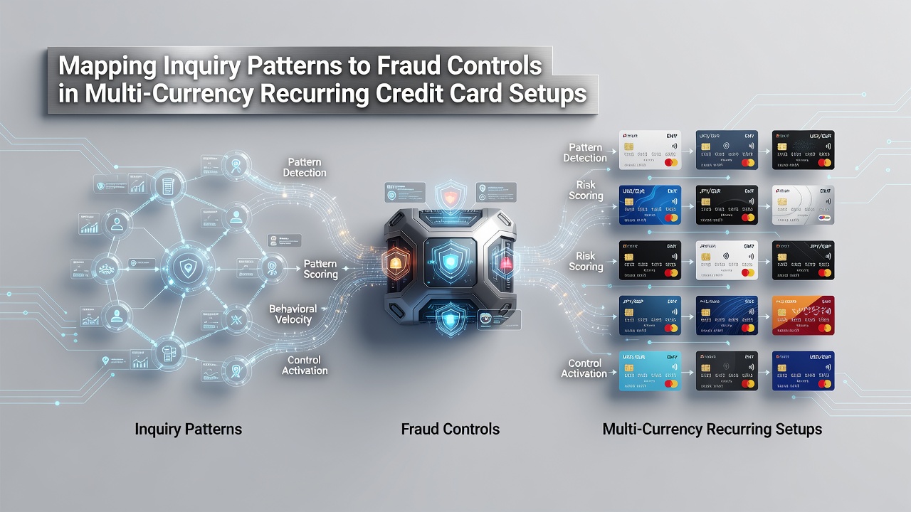Diagram showing inquiry patterns mapped to fraud controls in multi-currency recurring credit card systems
