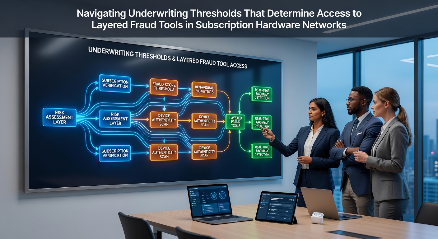 Diagram showing underwriting thresholds and fraud tool layers in subscription hardware payment networks