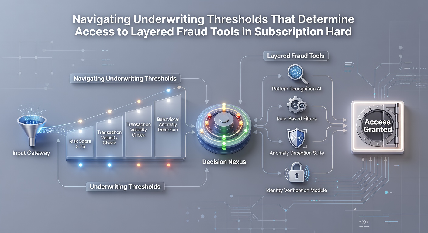 Flowchart illustrating layered fraud detection tools activated after meeting underwriting criteria in hardware subscription systems