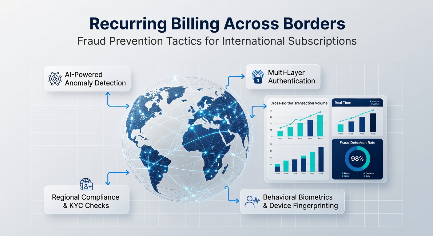 Infographic depicting layered fraud prevention shields including AI algorithms, global BIN databases, and real-time monitoring dashboards for international payment flows