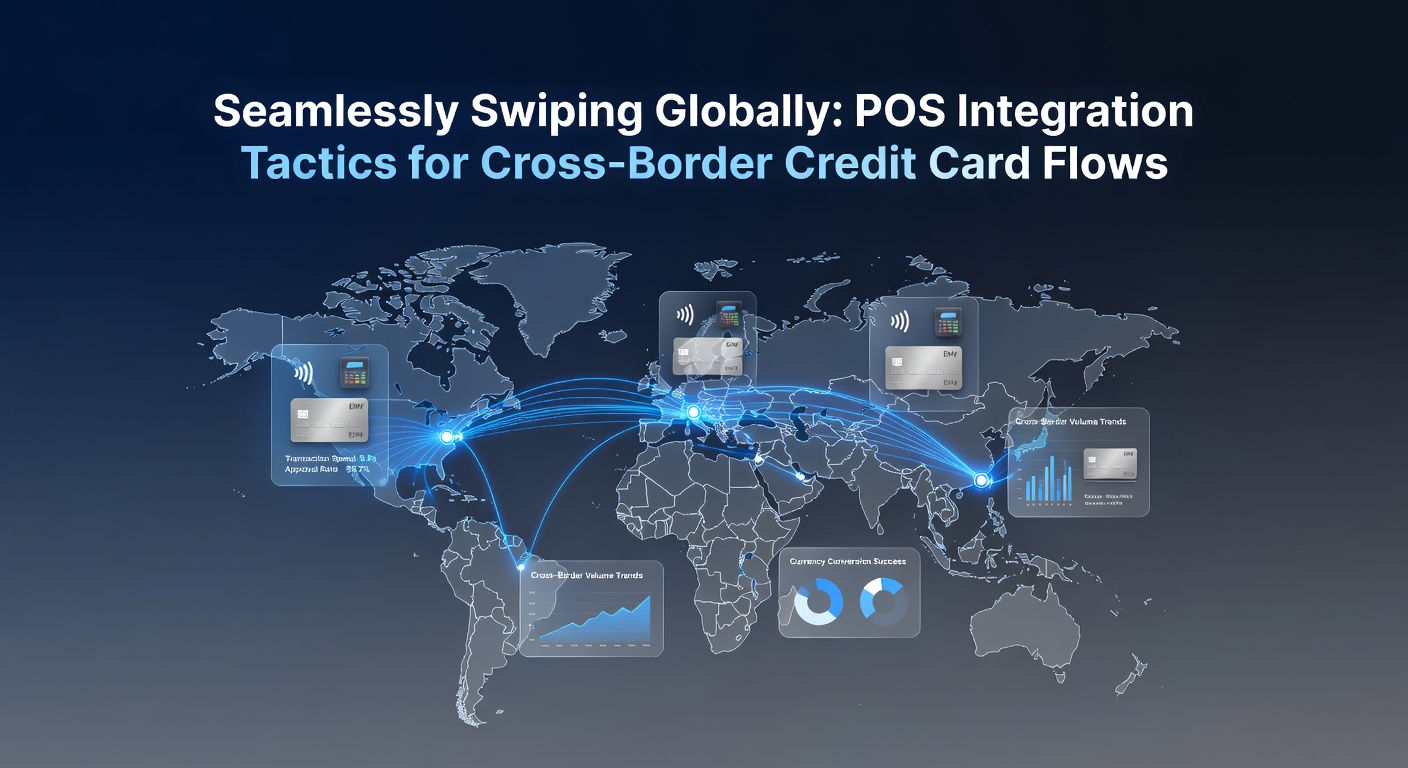 Close-up of a modern POS terminal processing a contactless credit card payment in an international airport retail store, with multi-currency symbols and global flags in the background