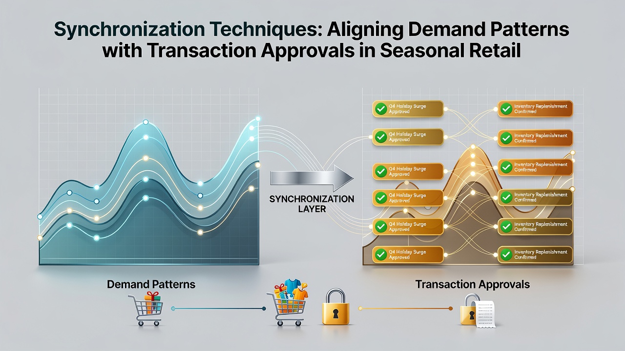 Retail checkout system displaying synchronized demand forecasting and transaction approval interfaces during peak season