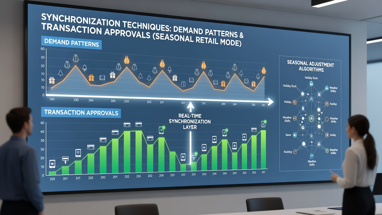 Data visualization dashboard showing demand curves aligned with transaction approval metrics in a seasonal retail setting