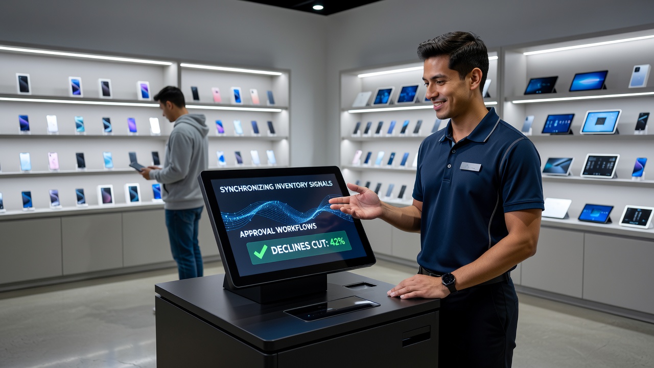 Close-up of synchronized retail checkout process with inventory data overlay on payment terminal screen