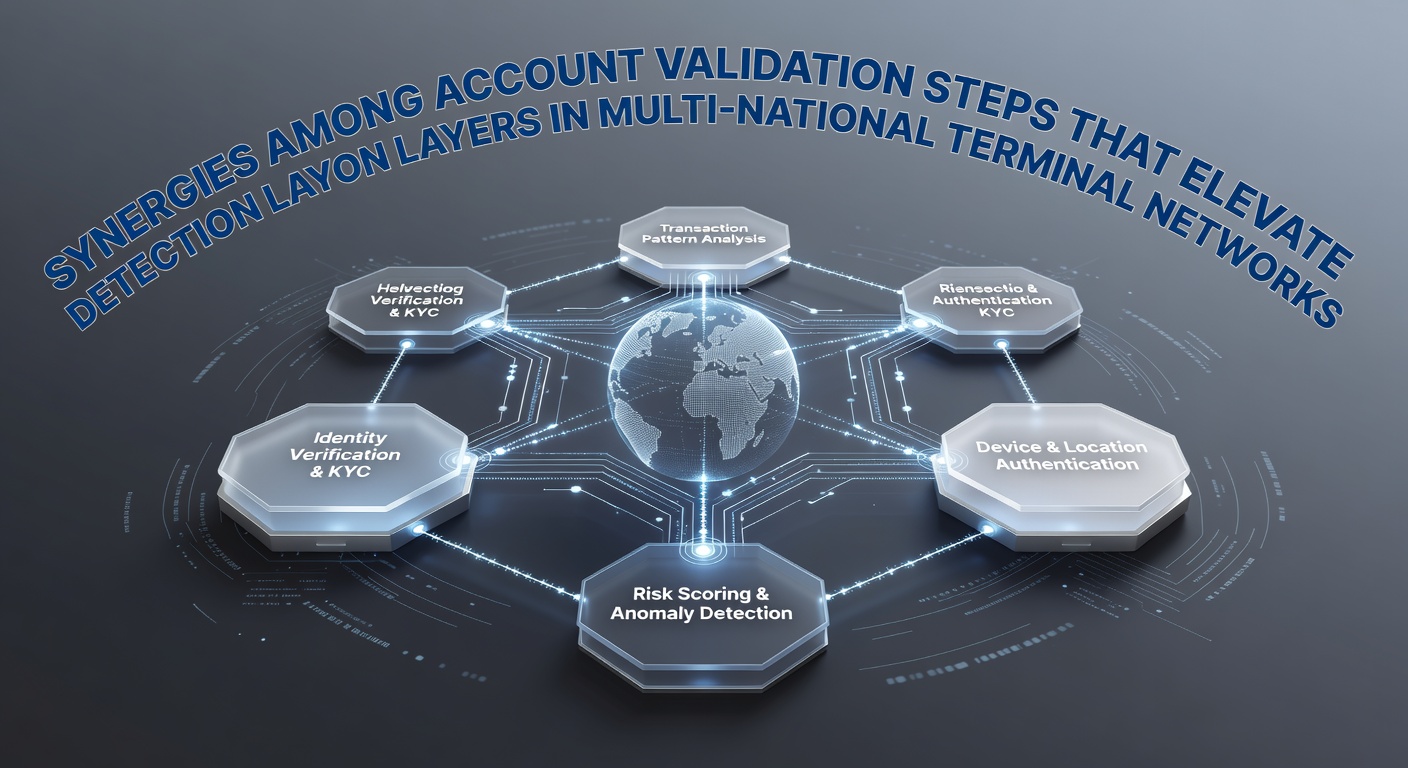 Network diagram showing interconnected account validation processes across global payment terminals