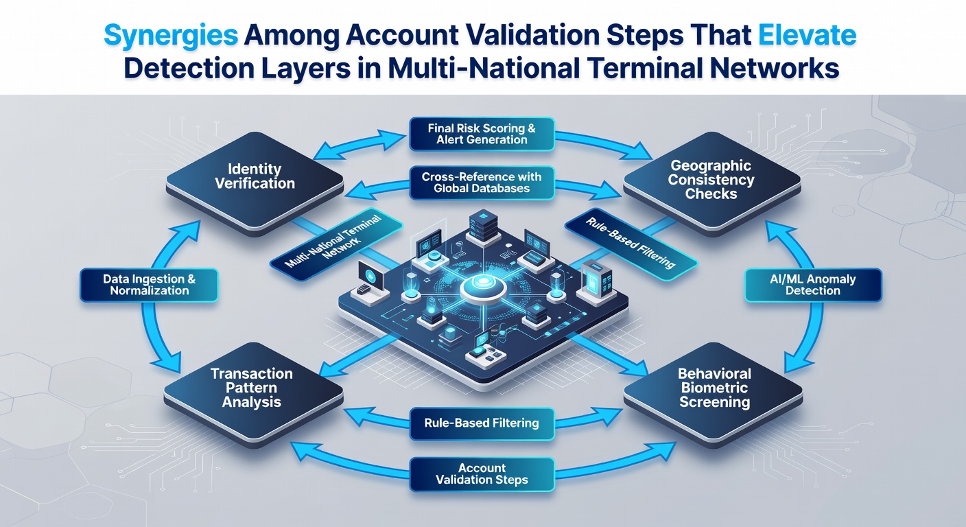 Illustration of fraud detection layers interacting within international payment terminal infrastructure