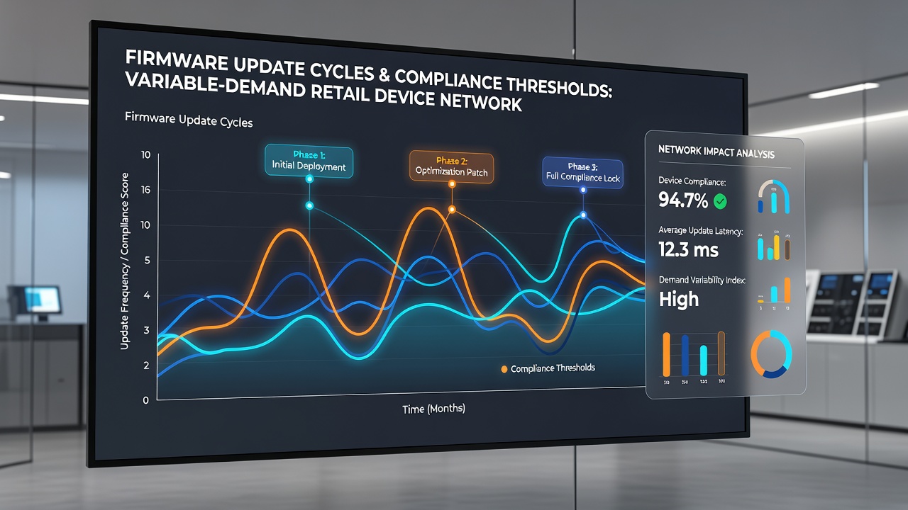 Dashboard view of firmware version distribution and compliance metrics in a retail network