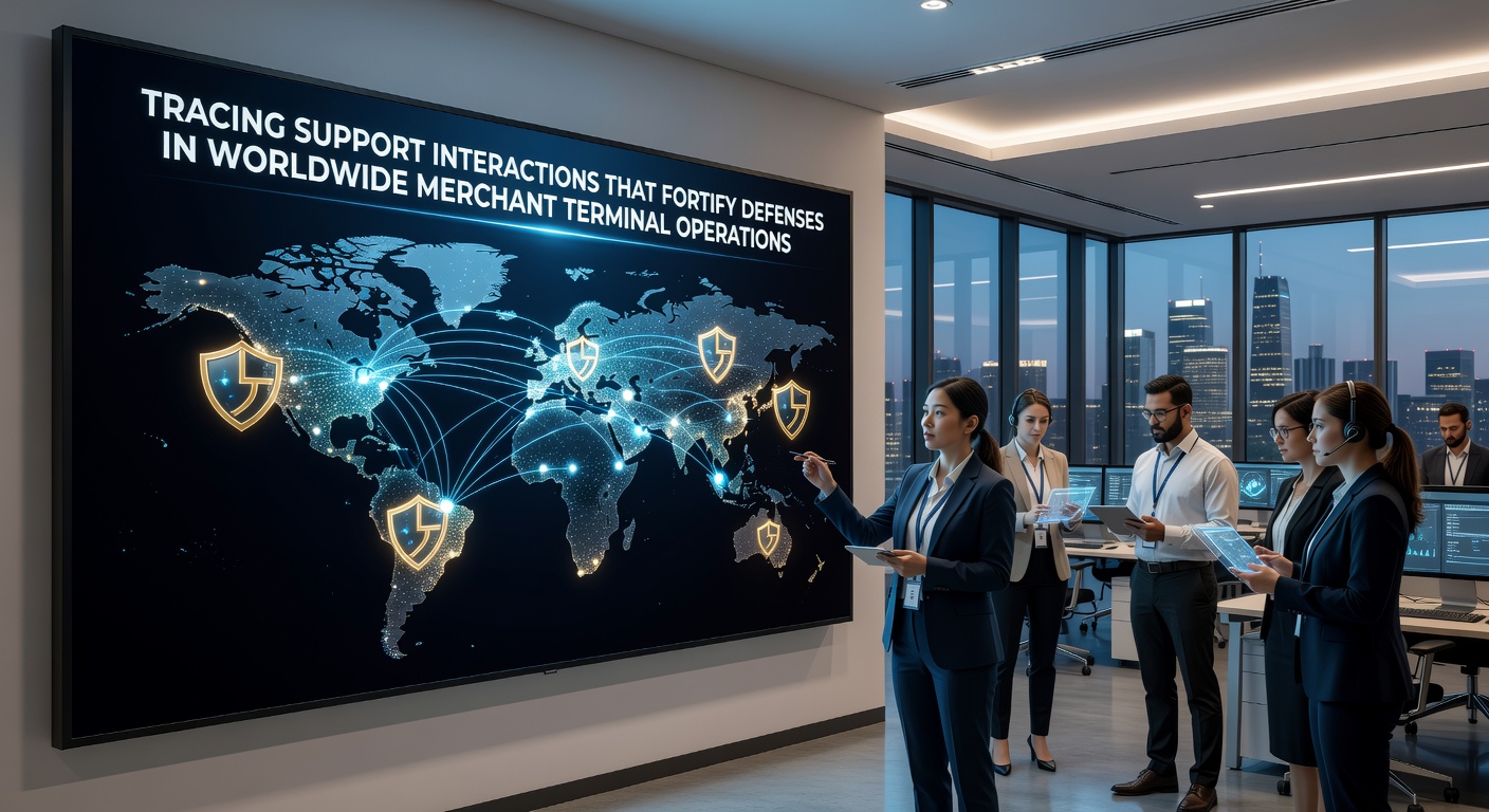 Global merchant terminal support operations showing secure payment processing environments