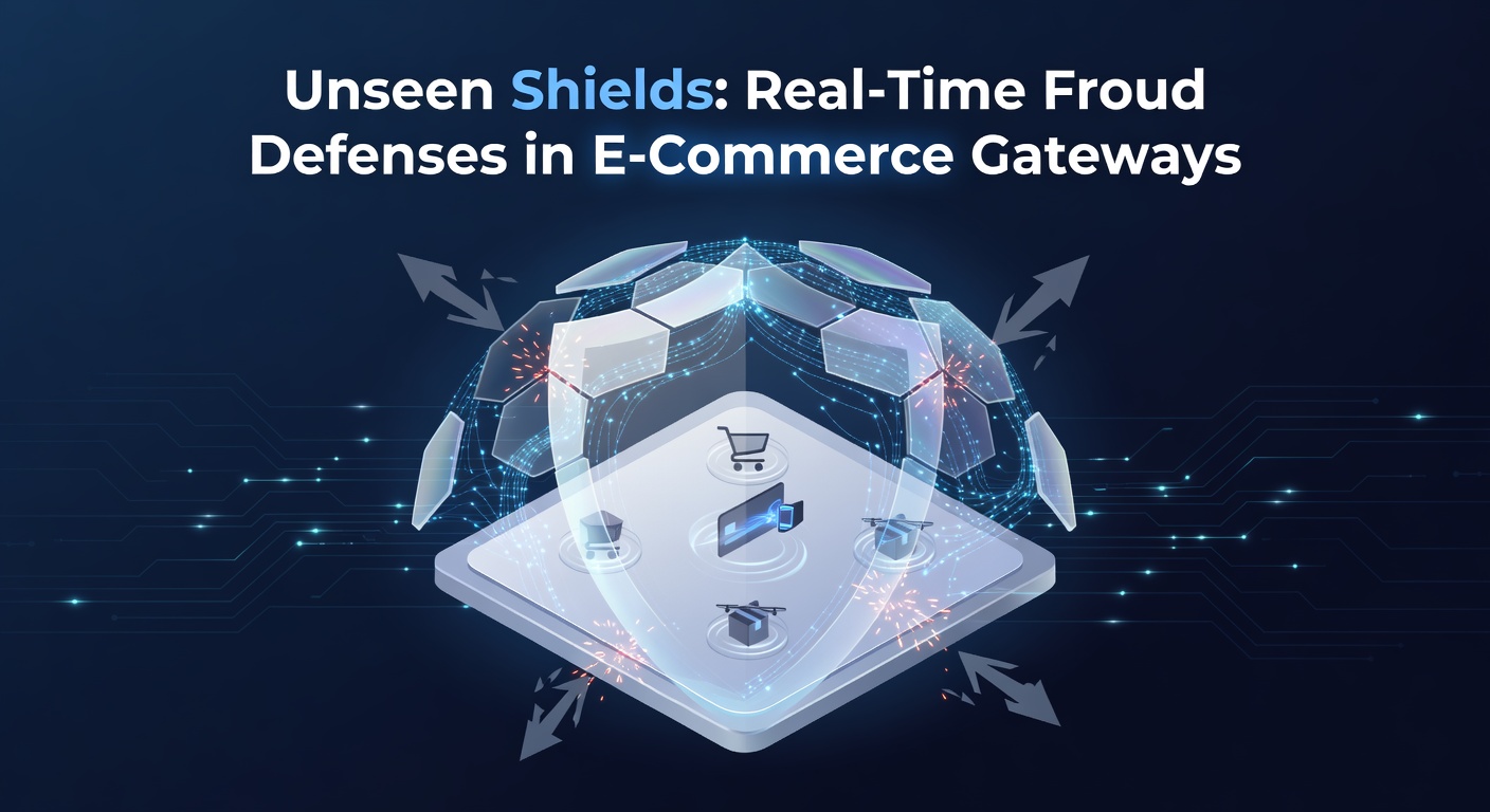Digital shield icon overlaying a network of e-commerce transaction data flows, symbolizing invisible fraud protection layers