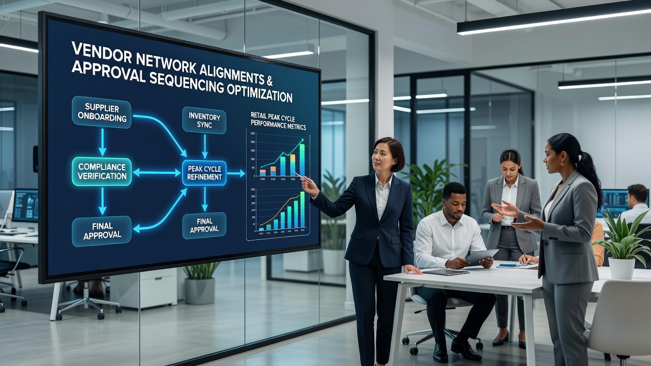 Diagram showing interconnected vendor networks coordinating transaction approval sequences in high-volume retail environments